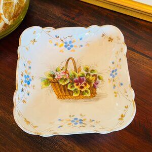 Vintage Porcelain Trinket Dish Flower Basket Pansy Cottagecore Gallery Wall 4.75